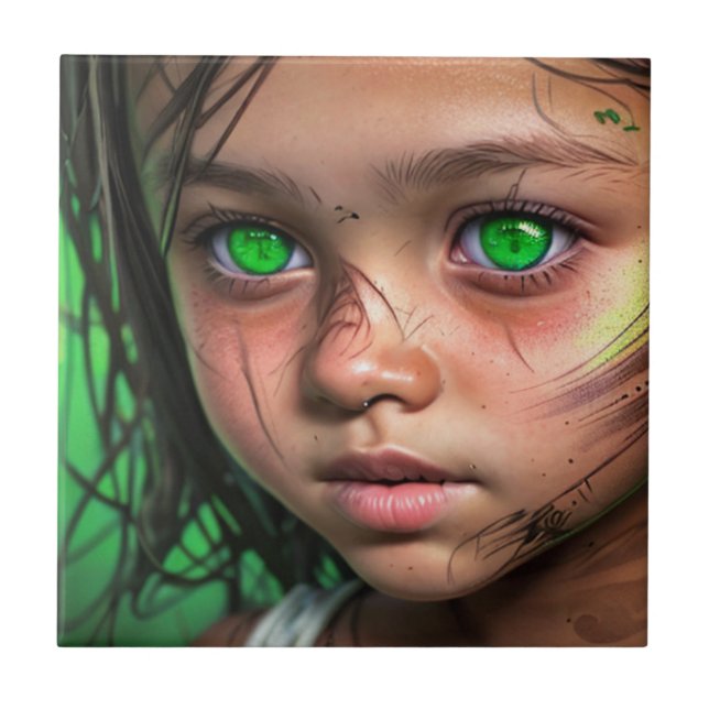 Tribal Kids |  Futuristic Girl Glowing Green Eyes Ceramic Tile (Front)