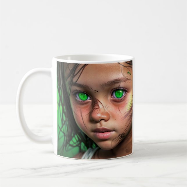 Tribal Kids |  Futuristic Girl Glowing Green Eyes Coffee Mug (Left)
