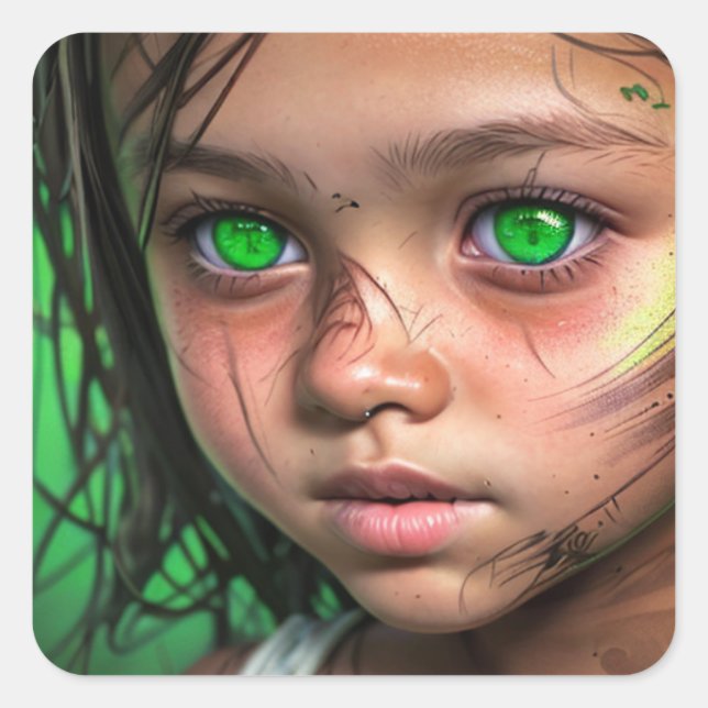Tribal Kids |  Futuristic Girl Glowing Green Eyes Square Sticker (Front)