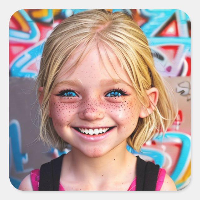 Tribal Kids | Happy Little Blonde with Freckles Square Sticker (Front)