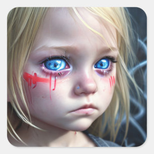 Tribal Kids Little Blonde Girl Big Blue Eyes Square Sticker