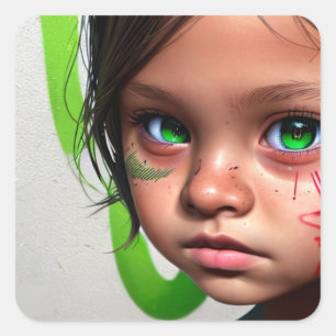 Tribal Kids   Little Futuristic Girl Green Eyes Square Sticker