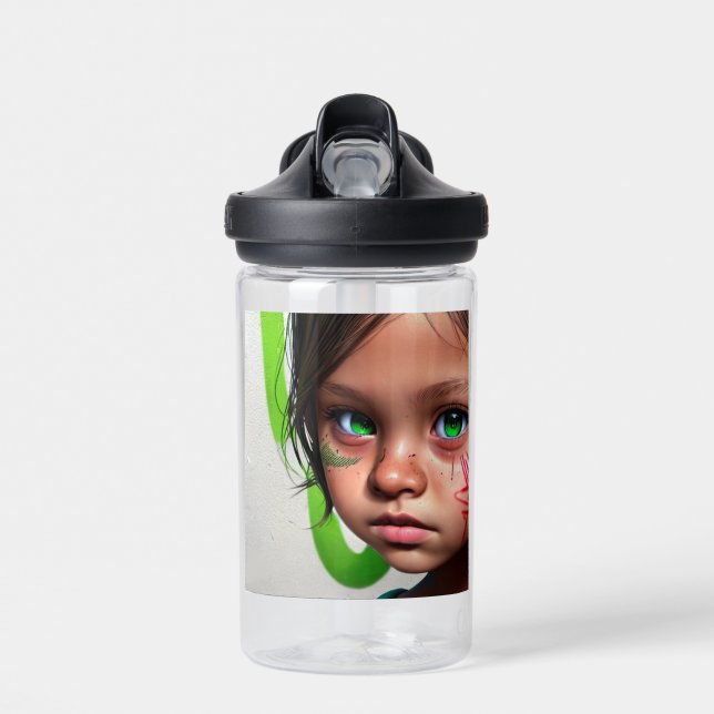 Tribal Kids | Little Futuristic Girl Green Eyes Water Bottle (Front)
