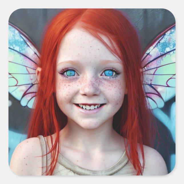 Tribal Kids | Redhead Girl with Fairy Wings Square Sticker (Front)