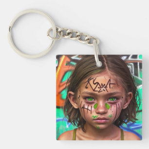 Tribal Kids   Urban Futuristic Girl Green Eyes Key Ring