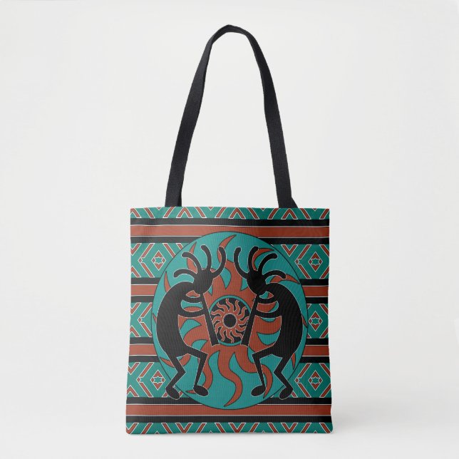 Tribal Kokopelli Teal Brown And Black Tote Bag (Front)