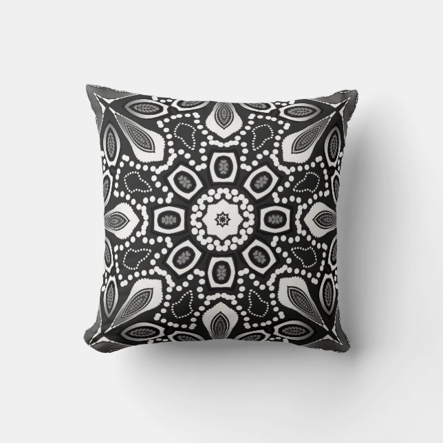 Tribal Lily Black White Geometric Mandala Cushion (Front)