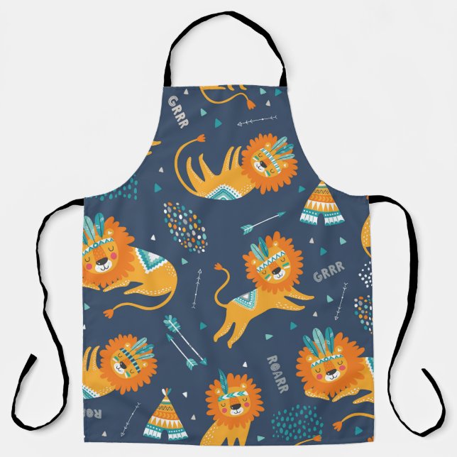 Tribal Lions Cartoon Seamless Pattern Apron (Front)