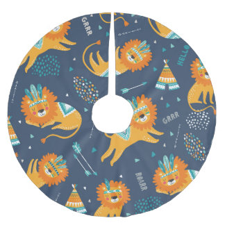 Tribal Lions Cartoon Seamless Pattern Brushed Polyester Tree Skirt