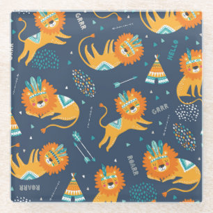 Tribal Lions Cartoon Seamless Pattern Glass Coaster
