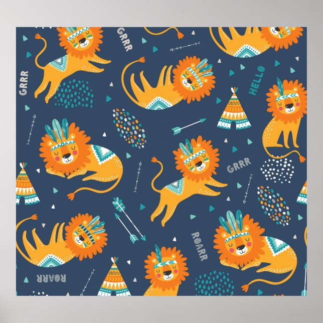 Tribal Lions Cartoon Seamless Pattern Poster (Front)
