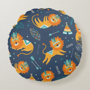 Tribal Lions Cartoon Seamless Pattern Round Cushion