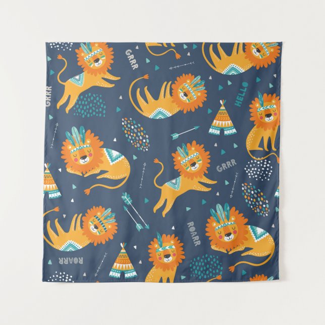 Tribal Lions Cartoon Seamless Pattern Tapestry (Front)