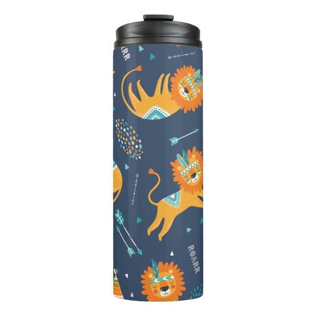 Tribal Lions Cartoon Seamless Pattern Thermal Tumbler (Front)