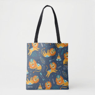 Tribal Lions Cartoon Seamless Pattern Tote Bag