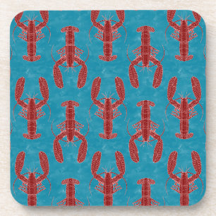 Tribal Lobster Red on Blue Nautical Coaster