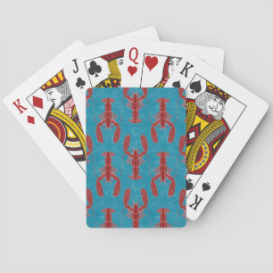 Tribal Lobster Red on Blue Nautical Playing Cards