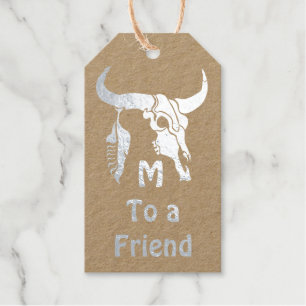 Tribal Longhorn Bull Skull with Black Feather Gift Tags