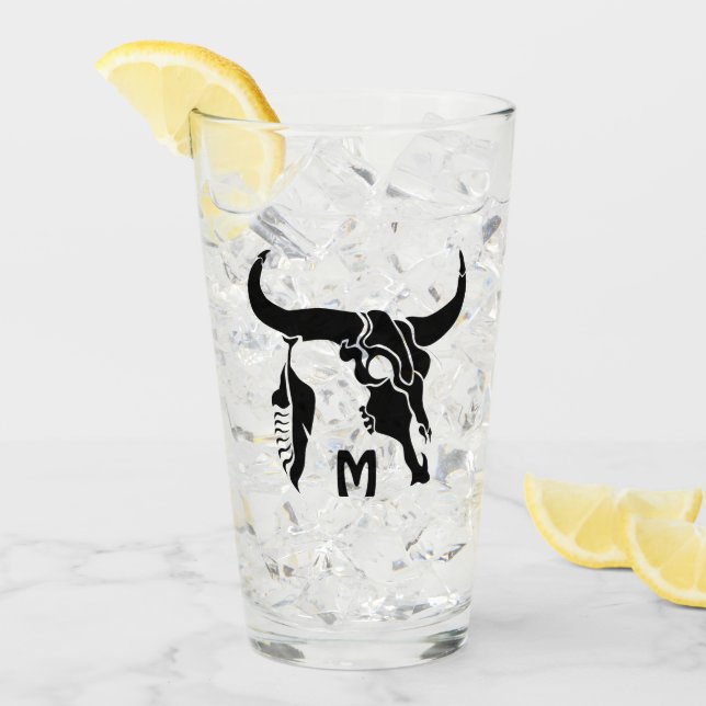 Tribal Longhorn Bull Skull with Black Feather Glass (Front Ice)