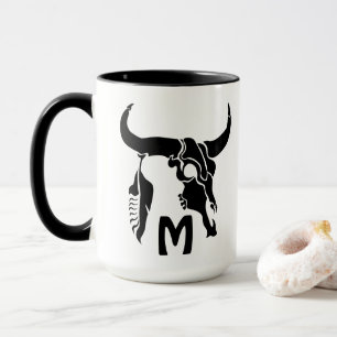 Tribal Longhorn Bull Skull with Black Feather Mug