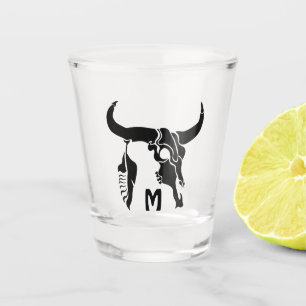 Tribal Longhorn Bull Skull with Black Feather Shot Glass