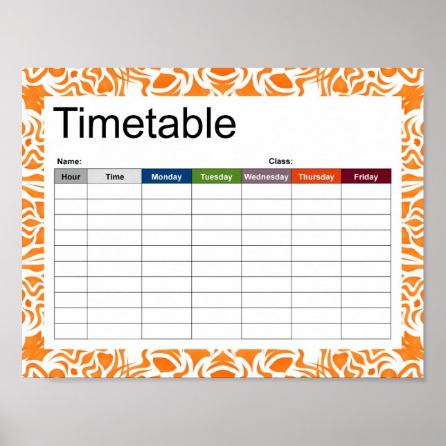 Tribal Mandala Orange Timetable Poster (Front)