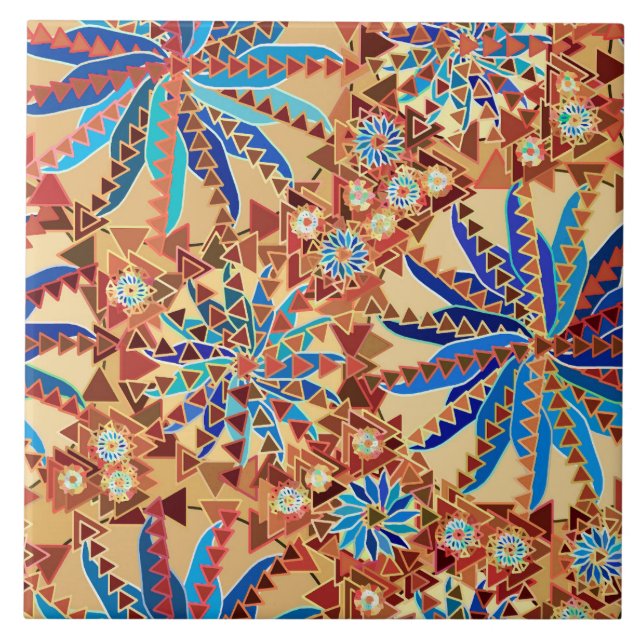 Tribal Mandala Print, Camel Tan and Denim Blue Ceramic Tile (Front)