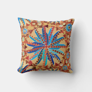 Tribal Mandala Print, Camel Tan and Denim Blue Cushion