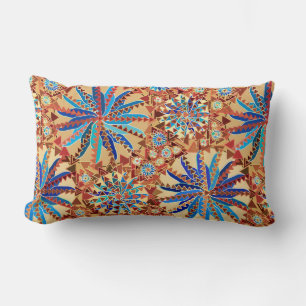 Tribal Mandala Print, Camel Tan and Denim Blue Lumbar Cushion