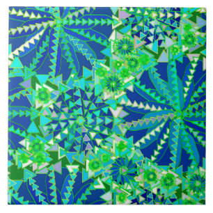 Tribal Mandala Print, Cobalt Blue and Green Ceramic Tile