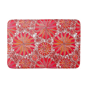 Tribal Mandala Print, Coral Red and White Bath Mat