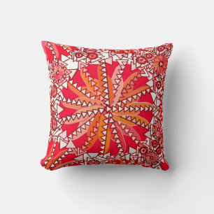 Tribal Mandala Print, Coral Red and White Cushion