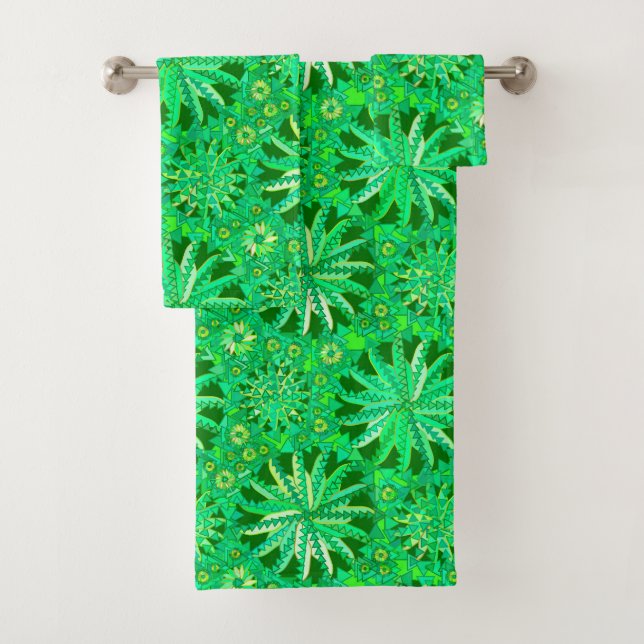 Tribal Mandala Print, Emerald and Lime Green Bath Towel Set (Insitu)