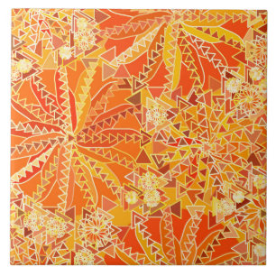 Tribal Mandala Print, Orange and Mustard Gold Ceramic Tile