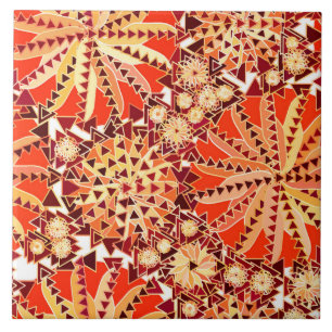 Tribal Mandala Print, Rust Orange and Brown Ceramic Tile