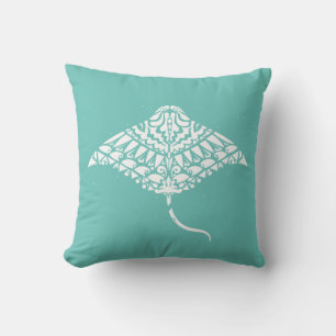 Tribal Manta Ray Spirit Animal Blue and White Cushion