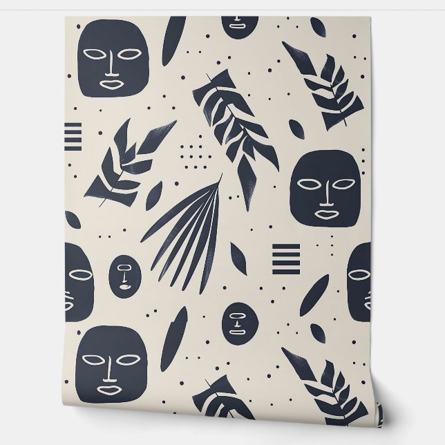 Tribal Masks Black Cream Wallpaper (Unrolling)