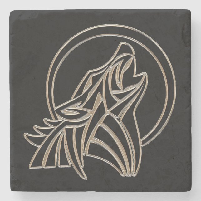 Tribal Metallic Howling Wolf Emblem Stone Coaster (Front)