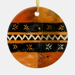 Tribal motifs in black and earth tones ceramic ornament