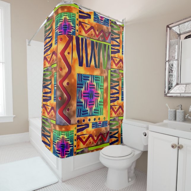 Tribal Mud Cloth Print Shower Curtain (In Situ)
