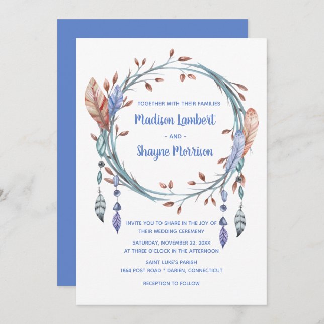 Tribal Native American Blue Feathers Boho Wedding Invitation (Front/Back)