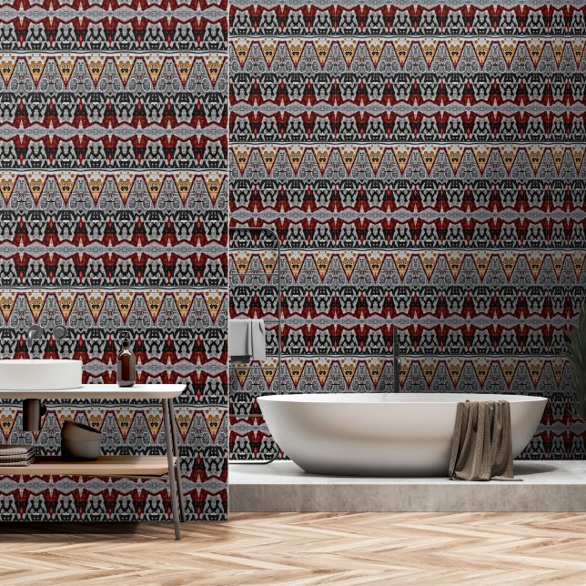 Tribal Native Red Grey Black Gold Pattern Wallpaper (Bathroom)
