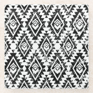 Tribal Navajo: black white geometric. Glass Coaster