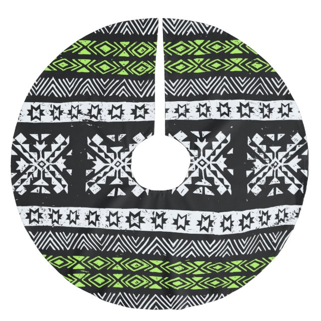 Tribal Navajo, black white green pattern. Brushed Polyester Tree Skirt (Front)