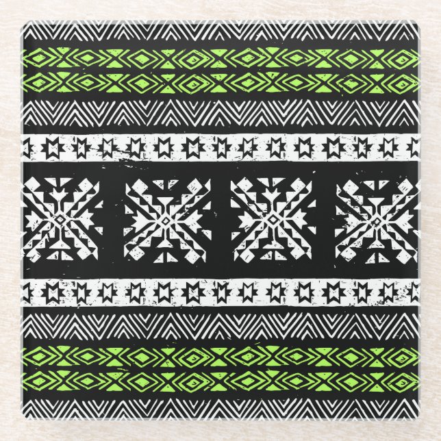 Tribal Navajo, black white green pattern. Glass Coaster (Front)