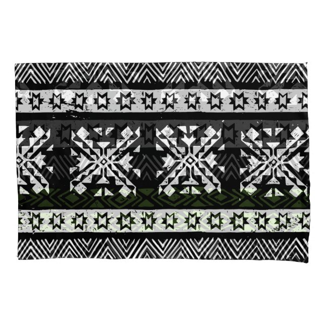Tribal Navajo, black white green pattern. Pillowcase (Front)