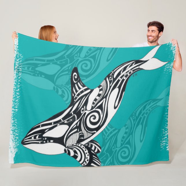 Tribal Orca Brushed Teal Fleece Blanket (In Situ)