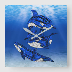 Tribal Orca Killer Whales Square Wall Clock