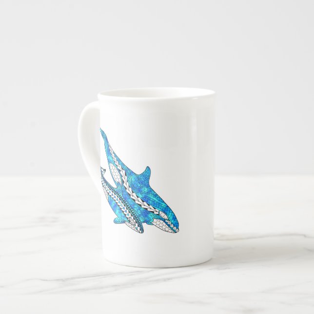Tribal Orca Whales Bone China Mug (Front Left)