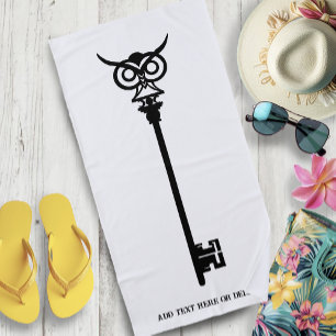Tribal Owl Skeleton Key Black White Gothic Beach Towel